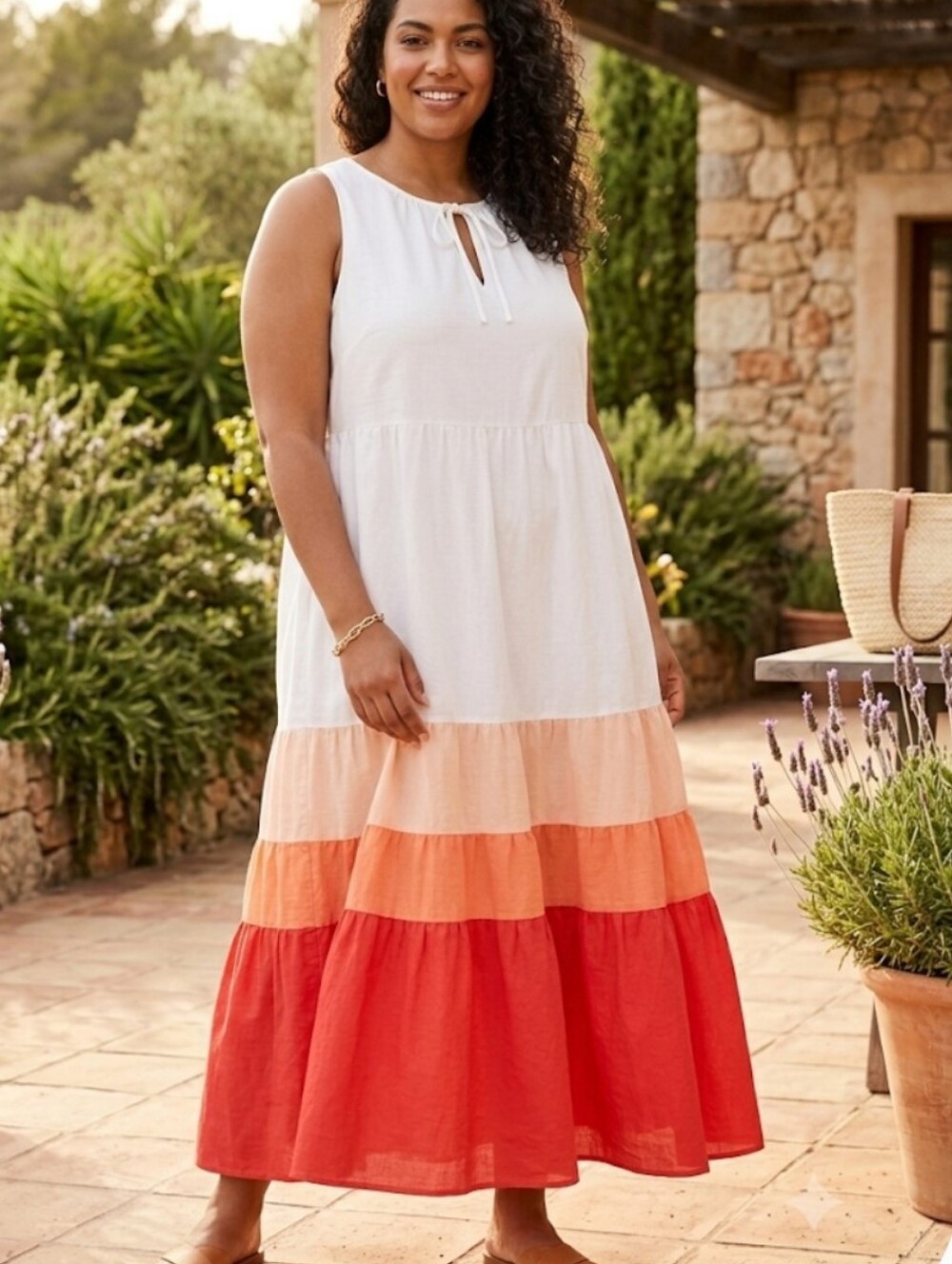 AVA & VIV.. leeveless Tiered Maxi Dress in White and Coral
